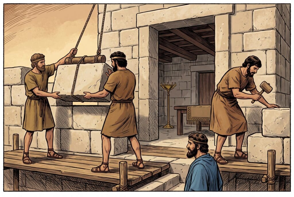 Comic book style illustration depicting a scene from 1 Kings chapter 6