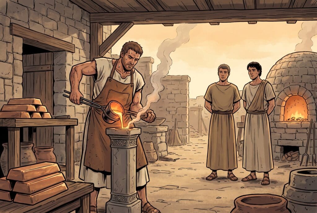 Comic book style illustration depicting a scene from 1 Kings chapter 7