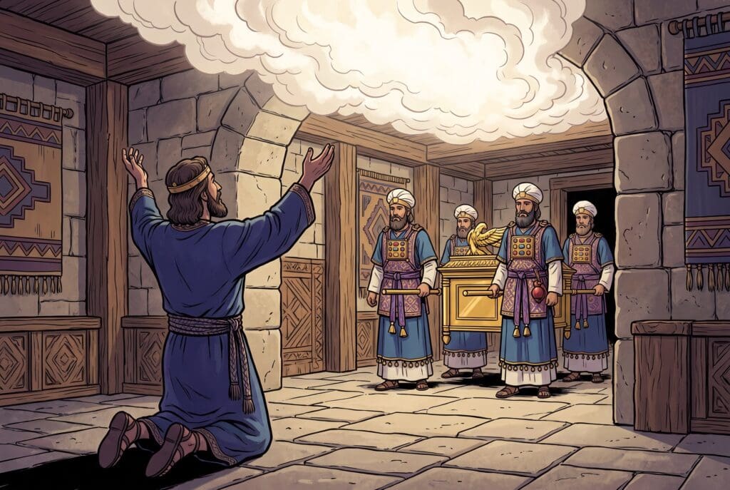 Comic book style illustration depicting a scene from 1 Kings chapter 8