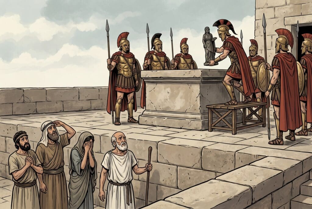 Comic book style illustration depicting a scene from 1 Maccabees chapter 1