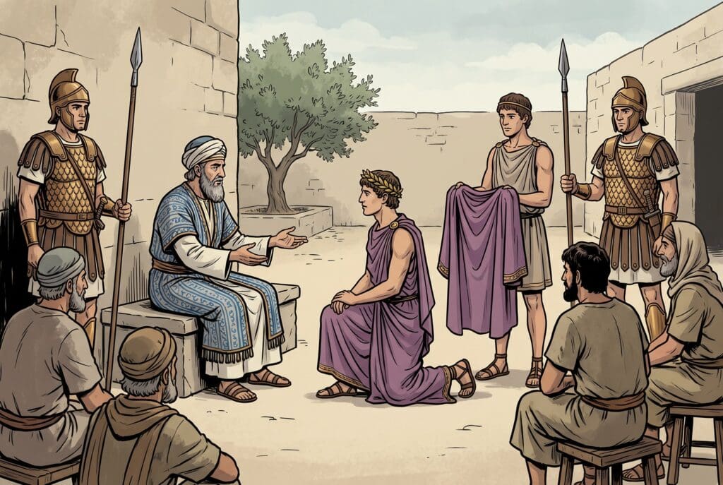 Comic book style illustration depicting a scene from 1 Maccabees chapter 10