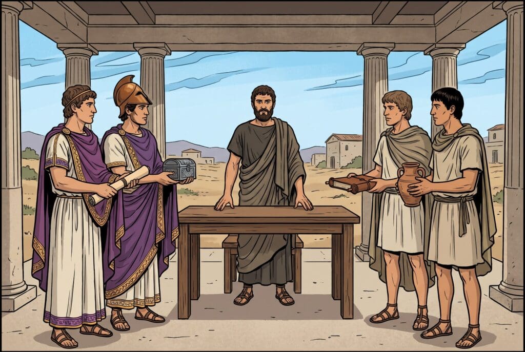 Comic book style illustration depicting a scene from 1 Maccabees chapter 11
