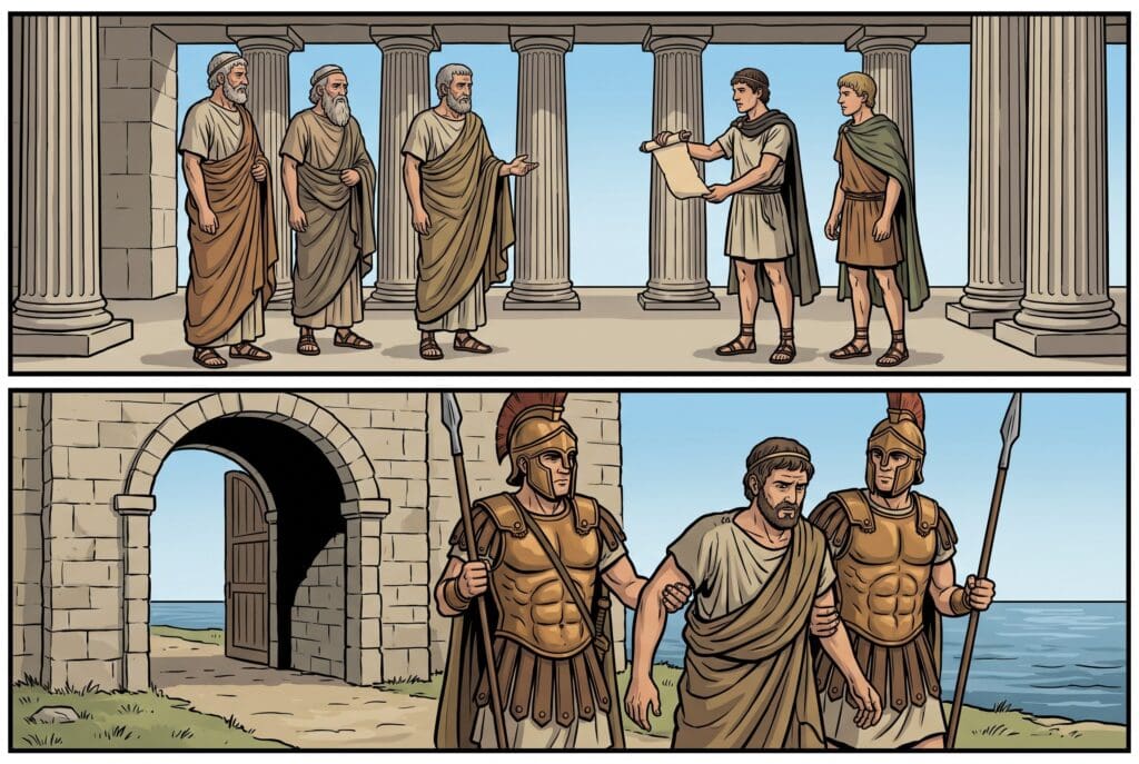 Comic book style illustration depicting a scene from 1 Maccabees chapter 12