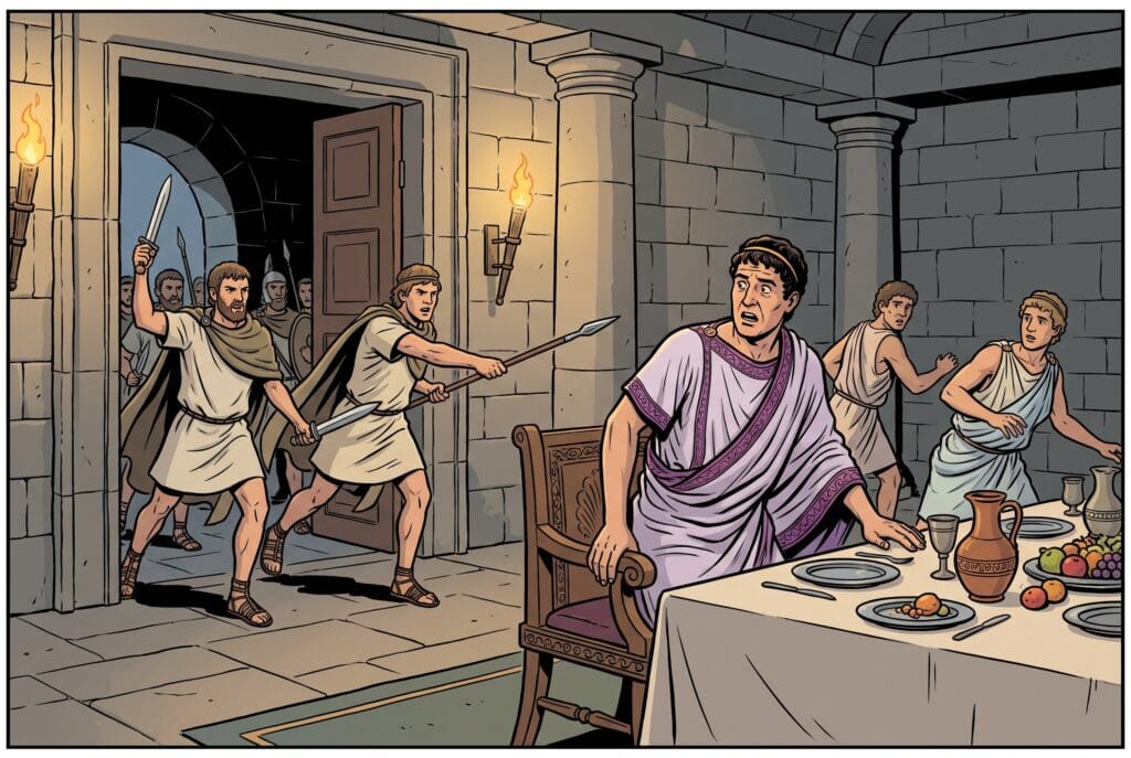 Comic book style illustration depicting a scene from 1 Maccabees chapter 16