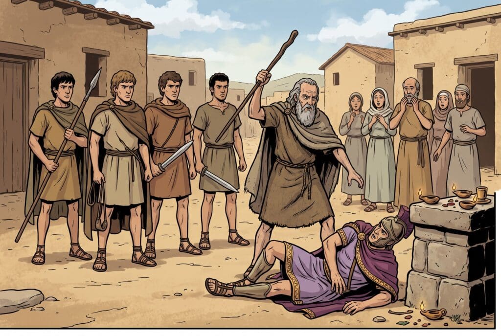 Comic book style illustration depicting a scene from 1 Maccabees chapter 2