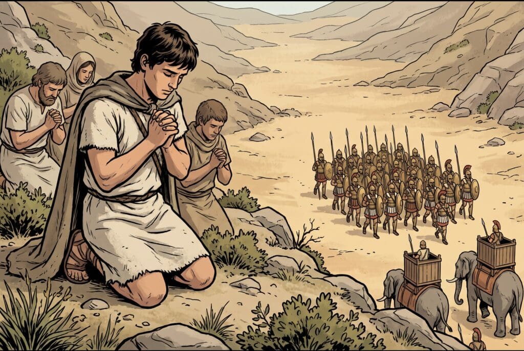 Comic book style illustration depicting a scene from 1 Maccabees chapter 3