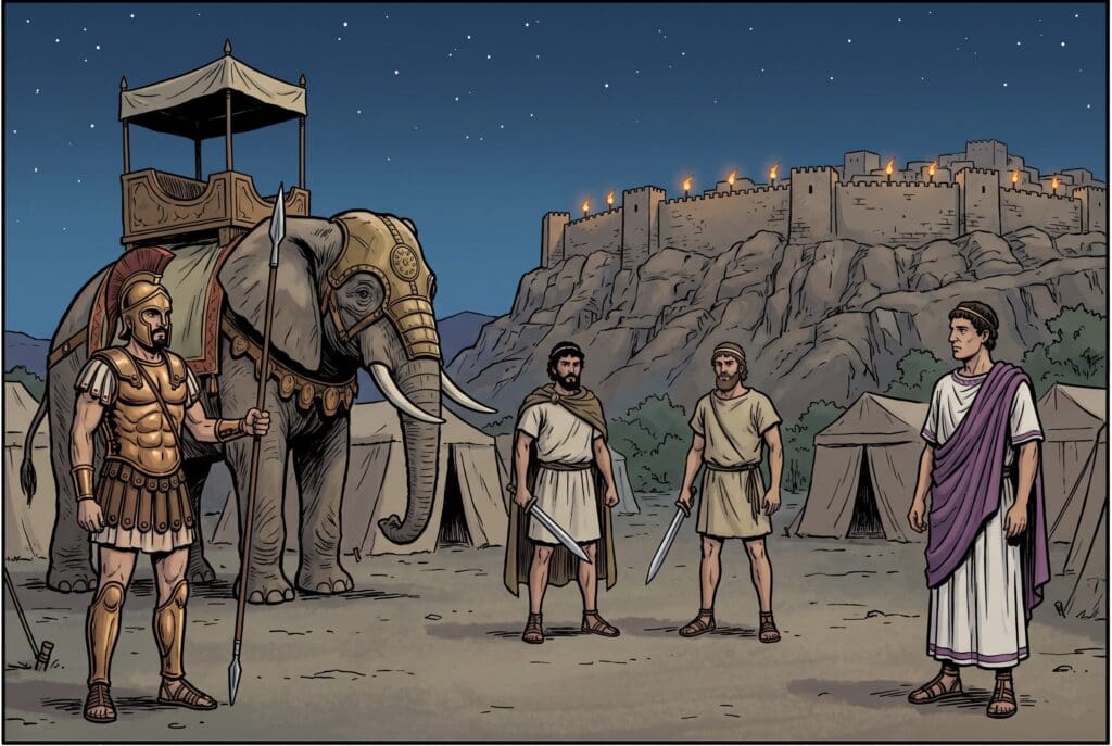 Comic book style illustration depicting a scene from 1 Maccabees chapter 6