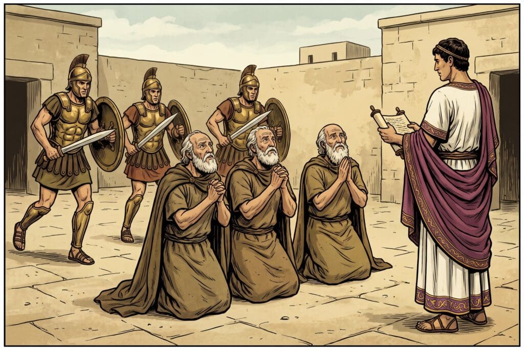 Comic book style illustration depicting a scene from 1 Maccabees chapter 7