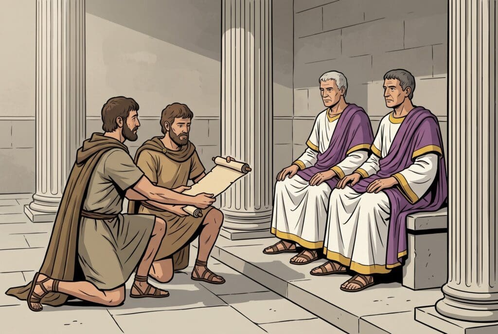 Comic book style illustration depicting a scene from 1 Maccabees chapter 8