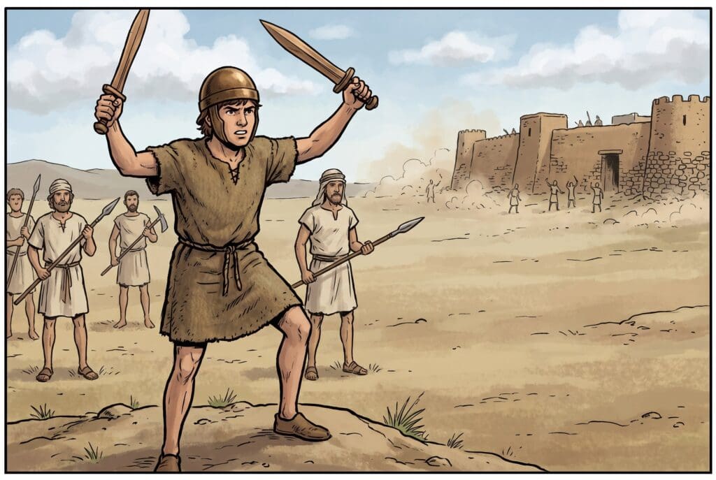 Comic book style illustration depicting a scene from 1 Samuel chapter 11