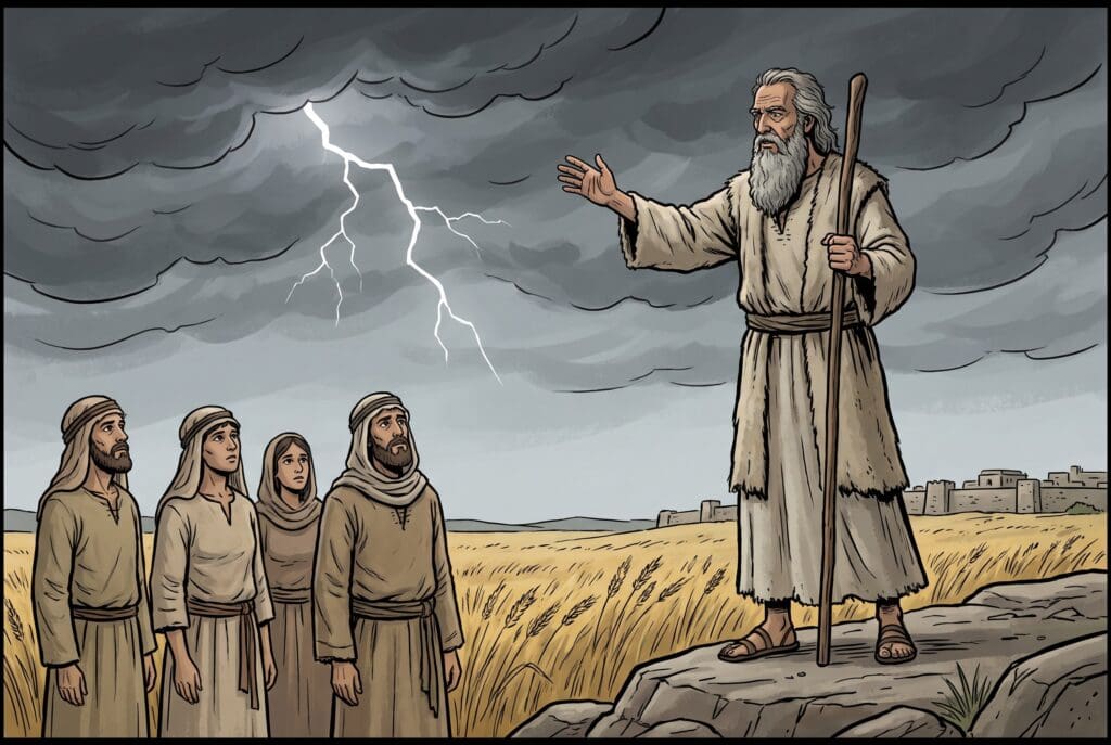 Comic book style illustration depicting a scene from 1 Samuel chapter 12