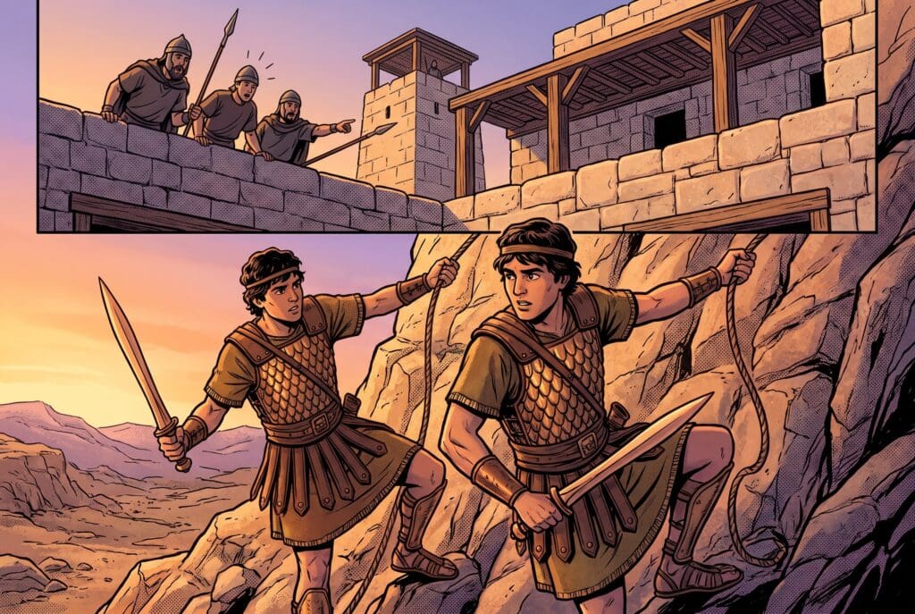 Comic book style illustration depicting a scene from 1 Samuel chapter 14