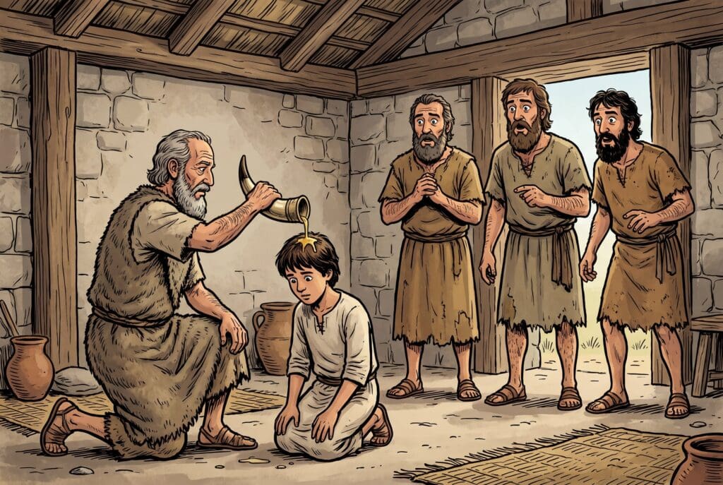 Comic book style illustration depicting a scene from 1 Samuel chapter 16