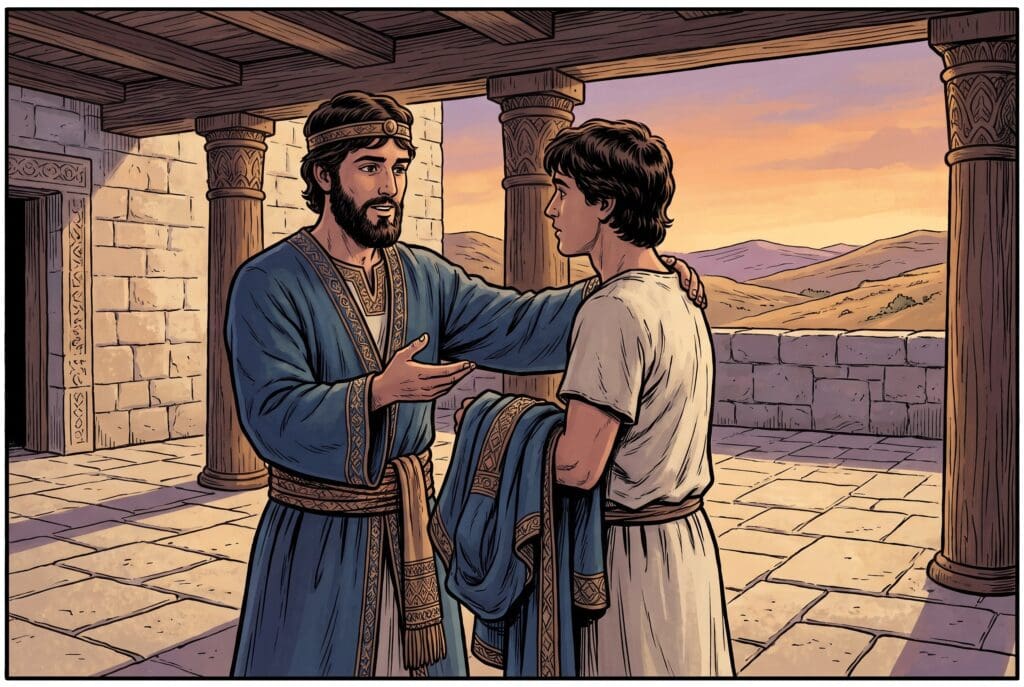 Comic book style illustration depicting a scene from 1 Samuel chapter 18