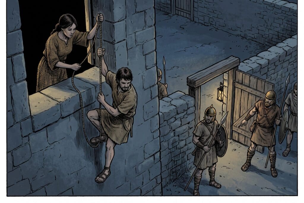 Comic book style illustration depicting a scene from 1 Samuel chapter 19