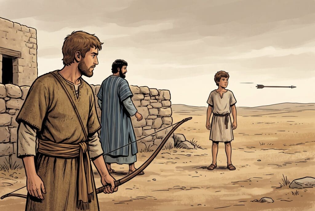 Comic book style illustration depicting a scene from 1 Samuel chapter 20