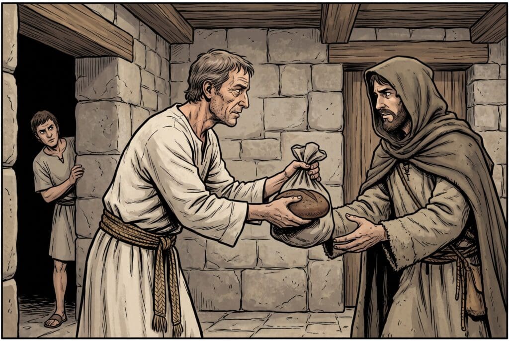 Comic book style illustration depicting a scene from 1 Samuel chapter 21