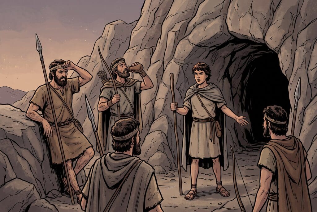 Comic book style illustration depicting a scene from 1 Samuel chapter 22