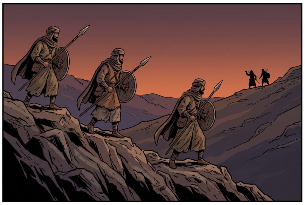 Comic book style illustration depicting a scene from 1 Samuel chapter 23