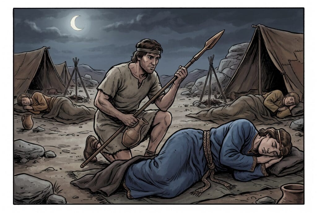 Comic book style illustration depicting a scene from 1 Samuel chapter 26