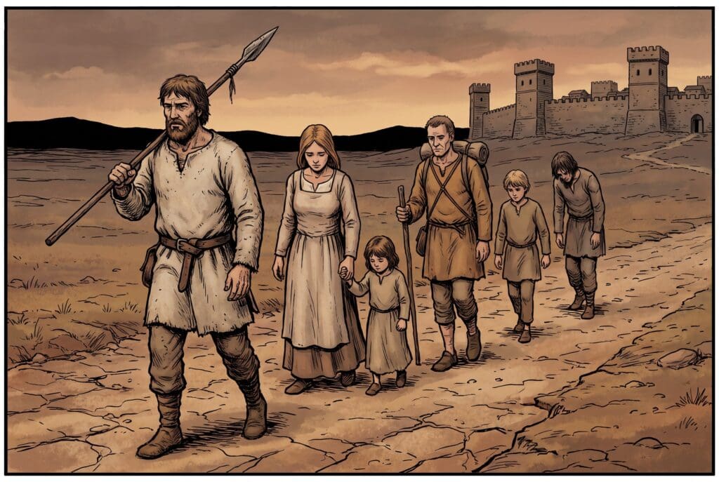 Comic book style illustration depicting a scene from 1 Samuel chapter 27
