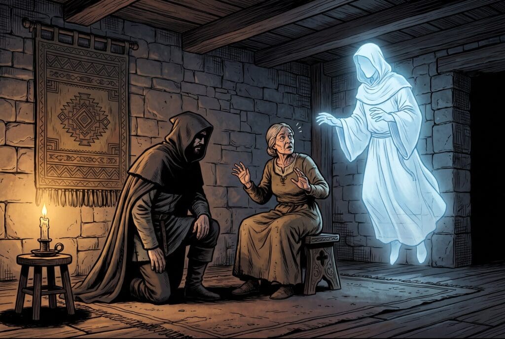 Comic book style illustration depicting a scene from 1 Samuel chapter 28