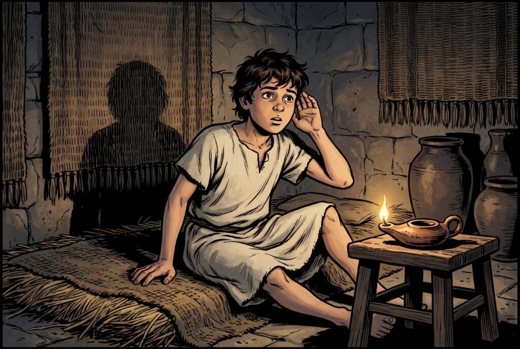Comic book style illustration depicting a scene from 1 Samuel chapter 3