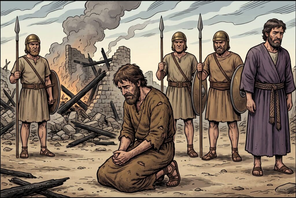 Comic book style illustration depicting a scene from 1 Samuel chapter 30