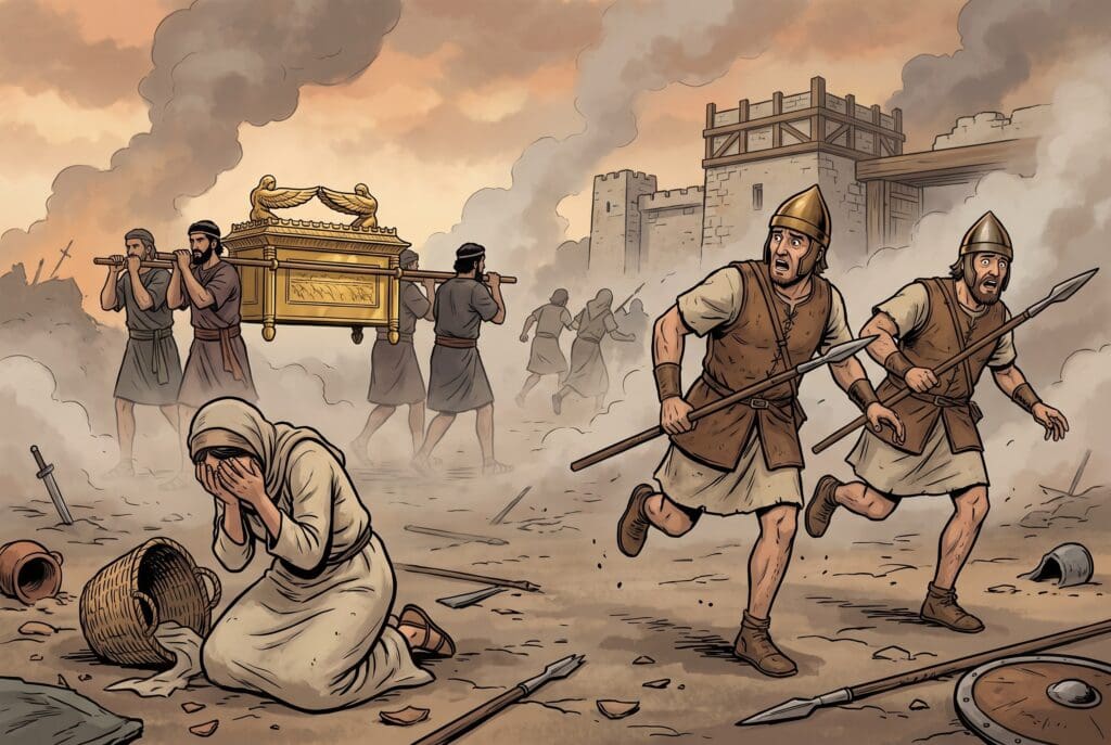 Comic book style illustration depicting a scene from 1 Samuel chapter 4