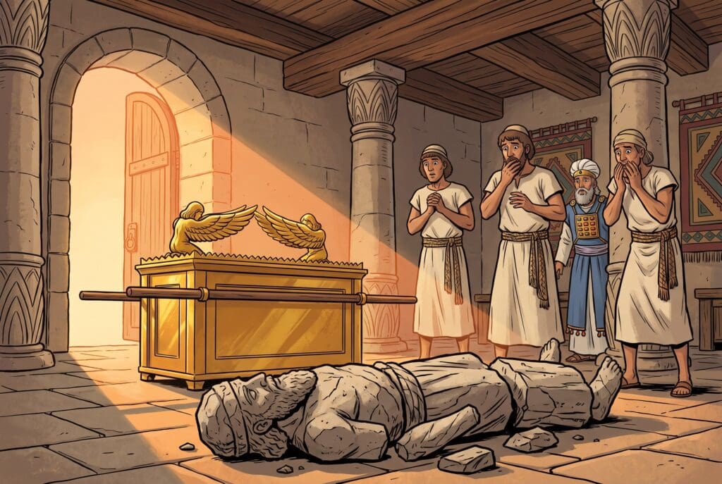 Comic book style illustration depicting a scene from 1 Samuel chapter 5