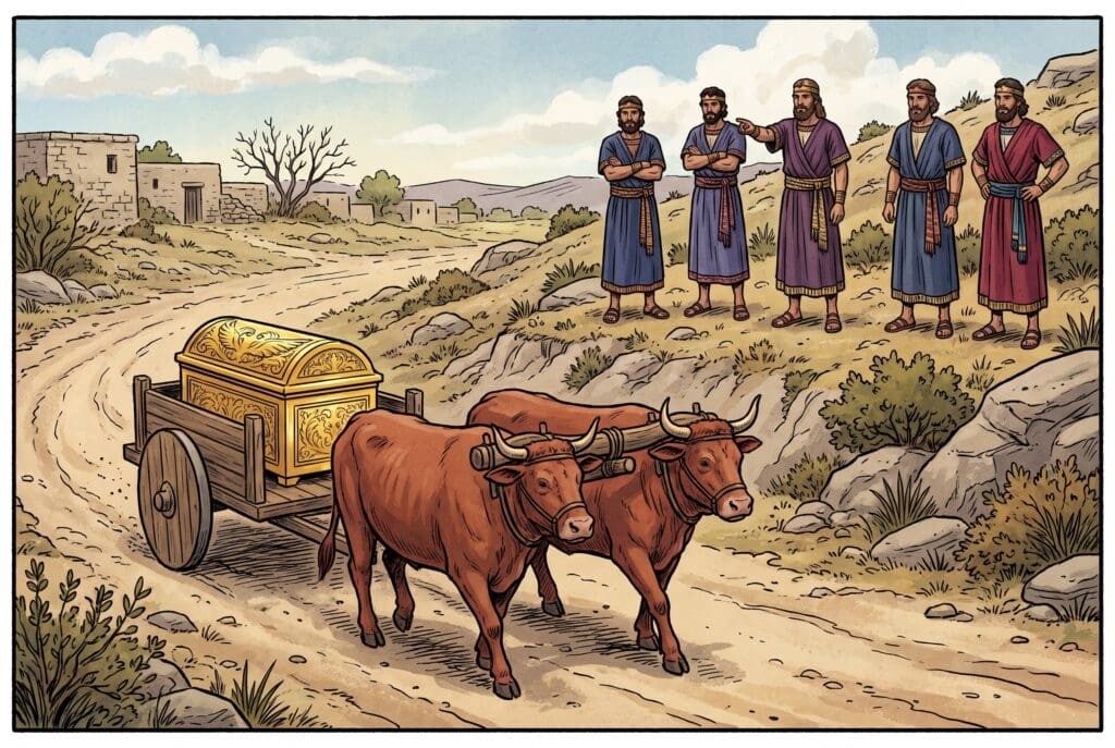 Comic book style illustration depicting a scene from 1 Samuel chapter 6