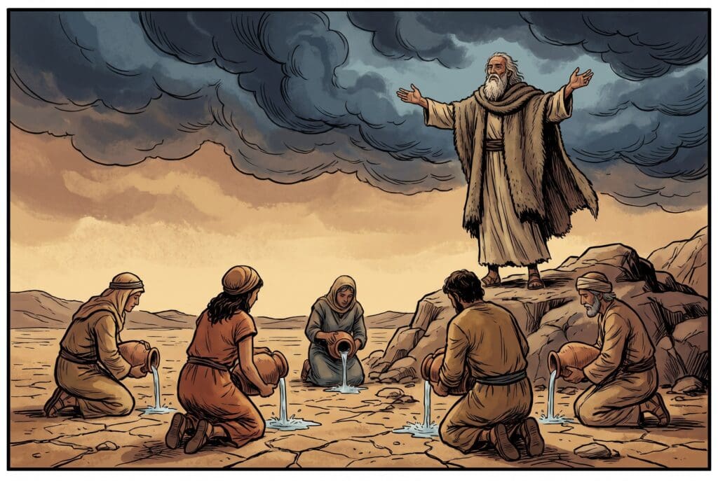 Comic book style illustration depicting a scene from 1 Samuel chapter 7