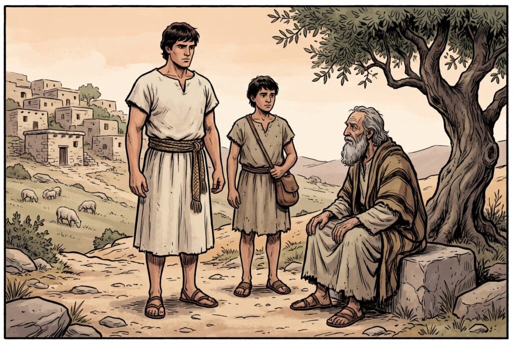 Comic book style illustration depicting a scene from 1 Samuel chapter 9