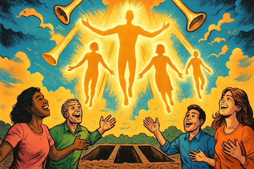 Comic book style illustration depicting a scene from 1 Thessalonians chapter 4