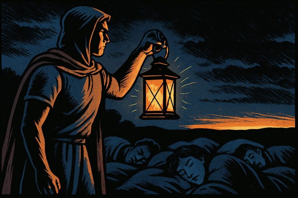 Comic book style illustration depicting a scene from 1 Thessalonians chapter 5