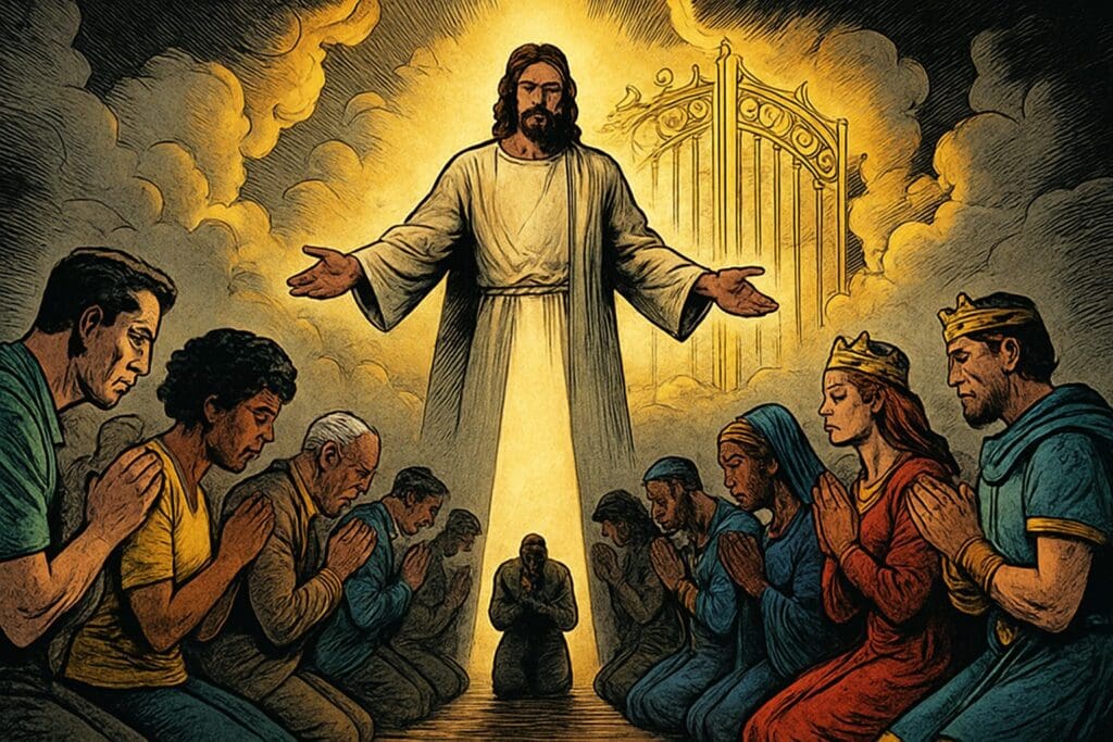 Comic book style illustration depicting a scene from 1 Timothy chapter 2