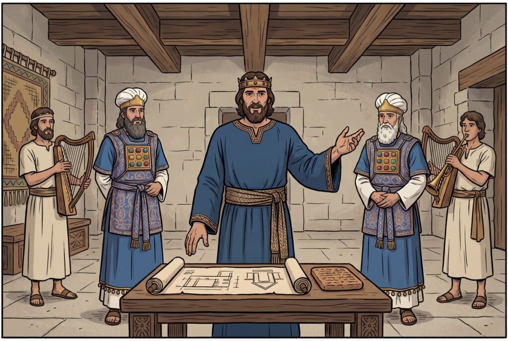 Comic book style illustration representing the book of 1 Chronicles