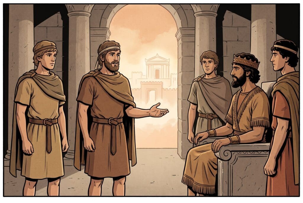Comic book style illustration representing the book of 1 Esdras