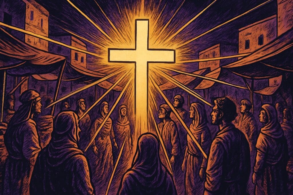 Comic book style illustration of a radiant cross unifying a diverse crowd in an ancient marketplace