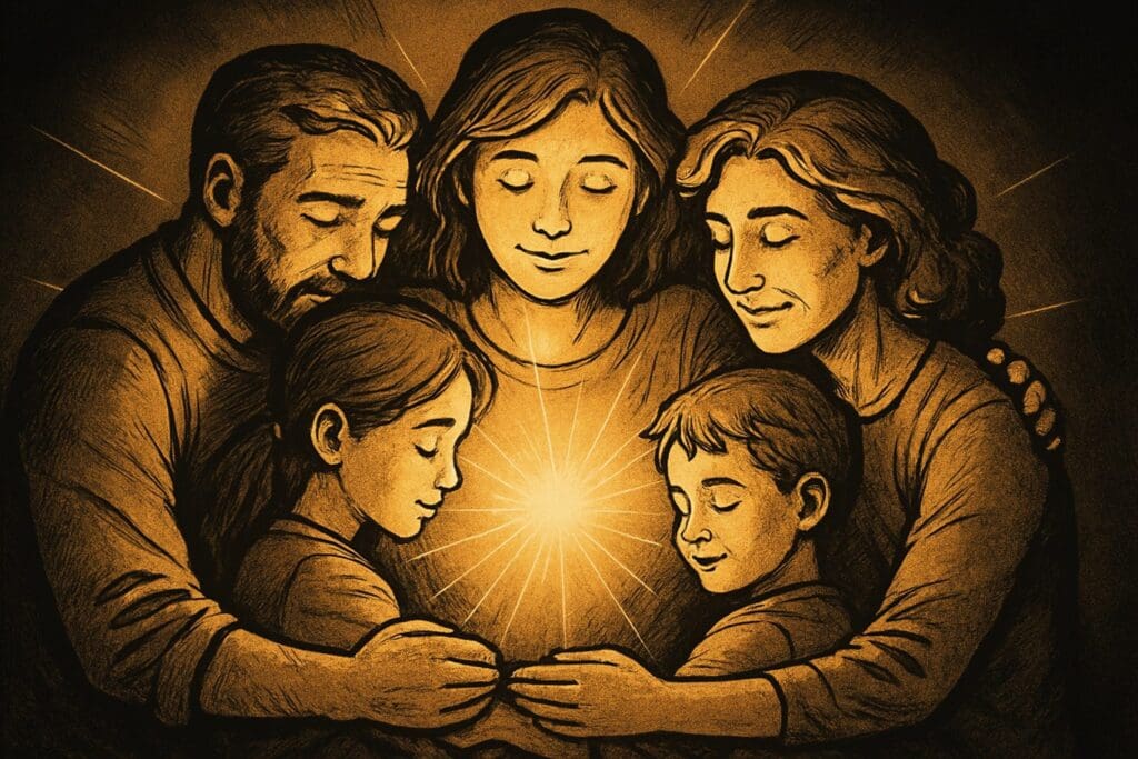 Comic book style illustration of a warm light glowing at the center of an embracing circle of figures, symbolizing love and fellowship