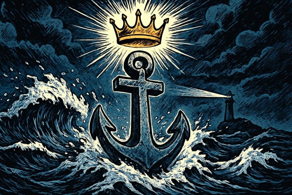Comic book style illustration of a steady anchor against storm waves beneath a radiant crown, symbolizing living hope amid suffering