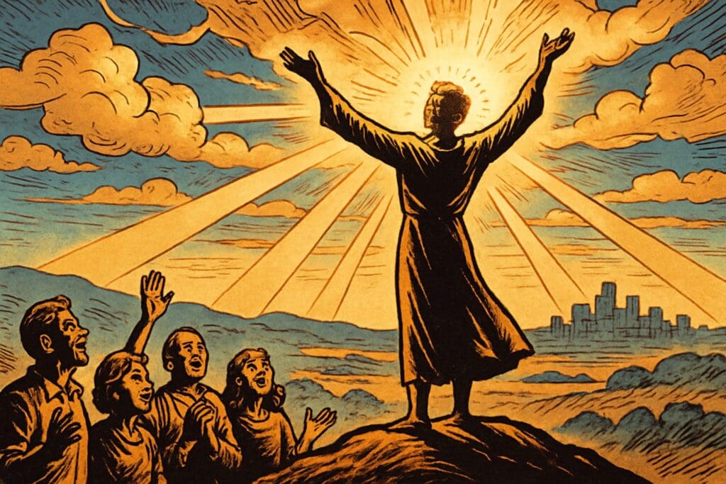 Comic book style illustration of a radiant figure on a hilltop at dawn with hopeful figures below, representing the book of 1 Thessalonians