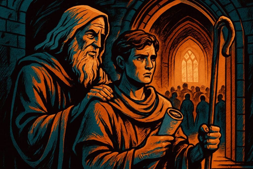 Comic book style illustration of a wise elder mentoring a young pastor before a church doorway, representing the book of 1 Timothy