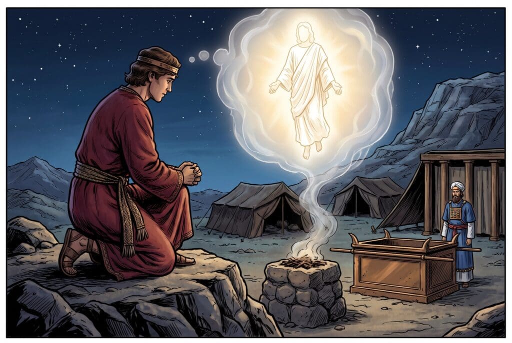 Comic book style illustration depicting a scene from 2 Chronicles chapter 1