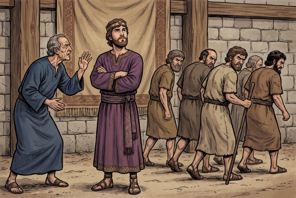 Comic book style illustration depicting a scene from 2 Chronicles chapter 10