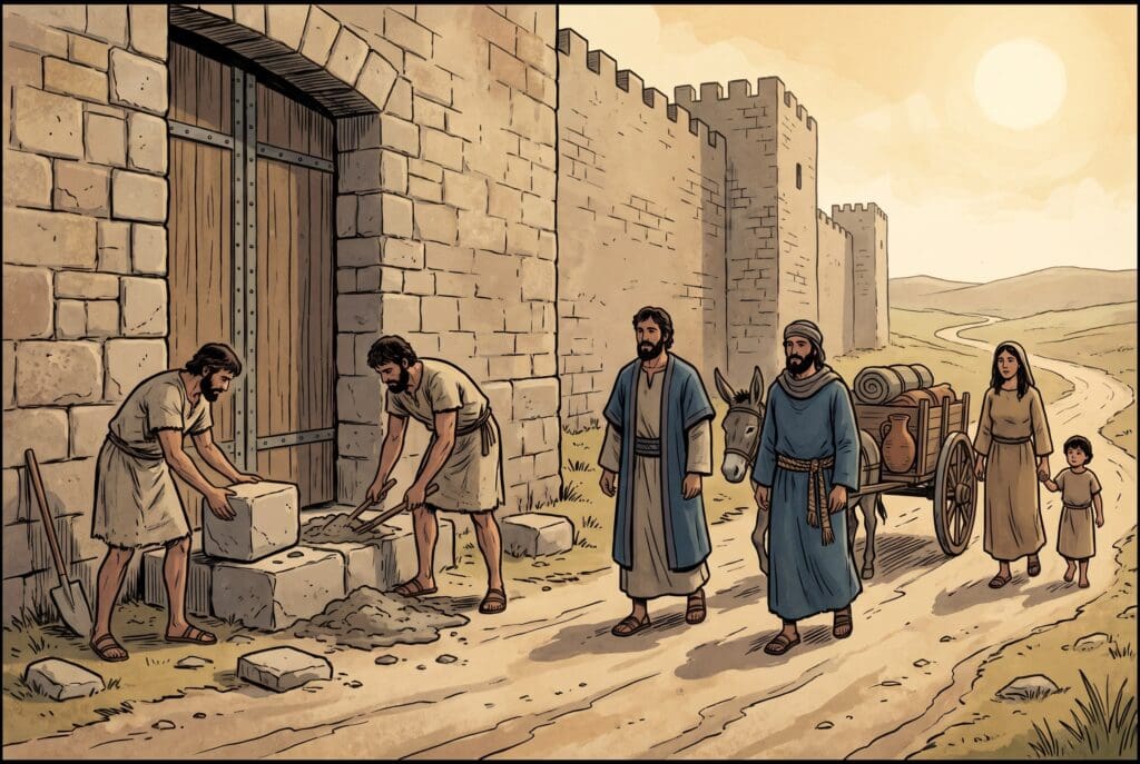 Comic book style illustration depicting a scene from 2 Chronicles chapter 11