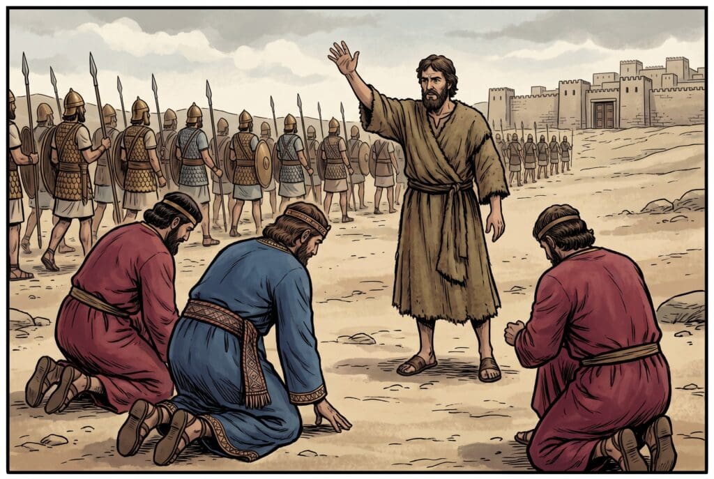 Comic book style illustration depicting a scene from 2 Chronicles chapter 12