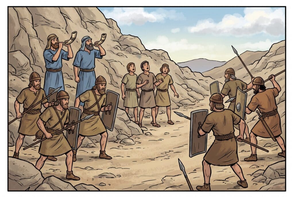 Comic book style illustration depicting a scene from 2 Chronicles chapter 13