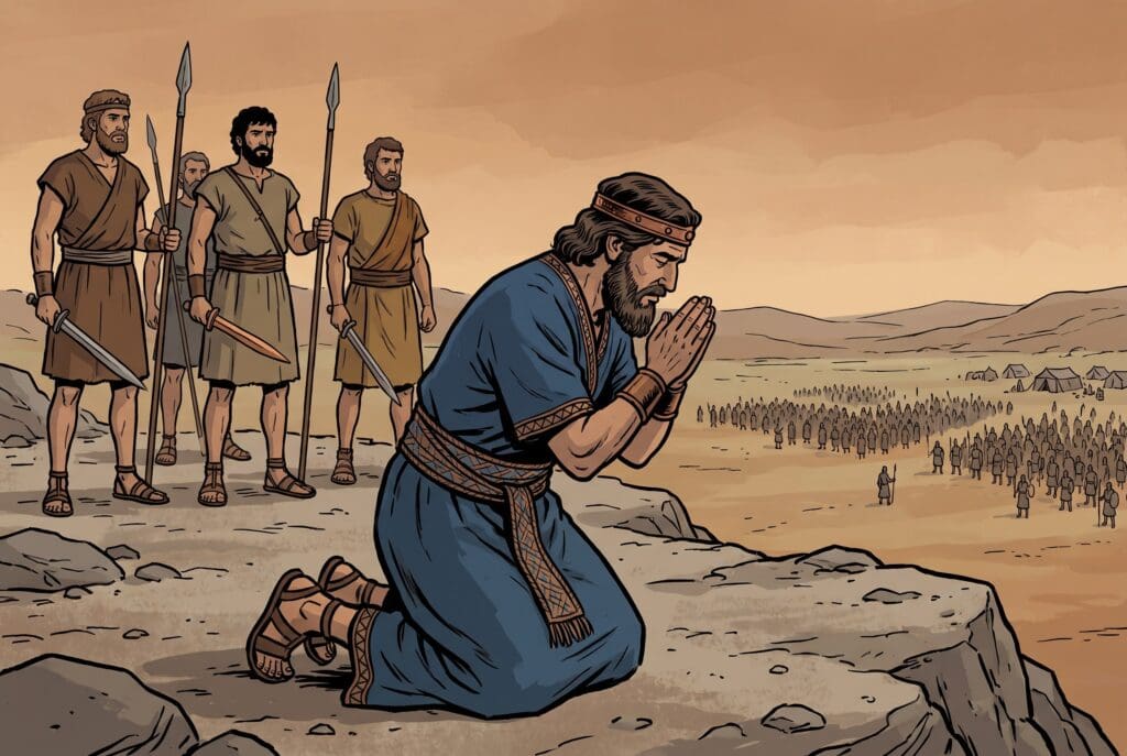 Comic book style illustration depicting a scene from 2 Chronicles chapter 14