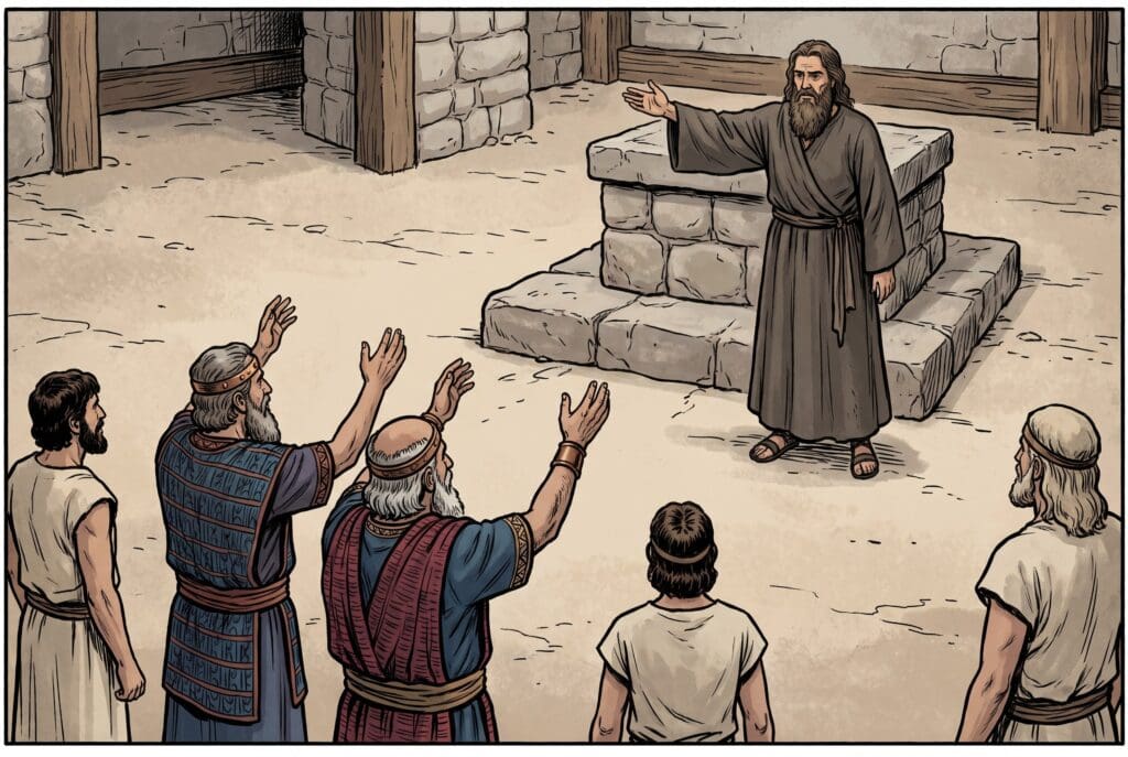Comic book style illustration depicting a scene from 2 Chronicles chapter 15